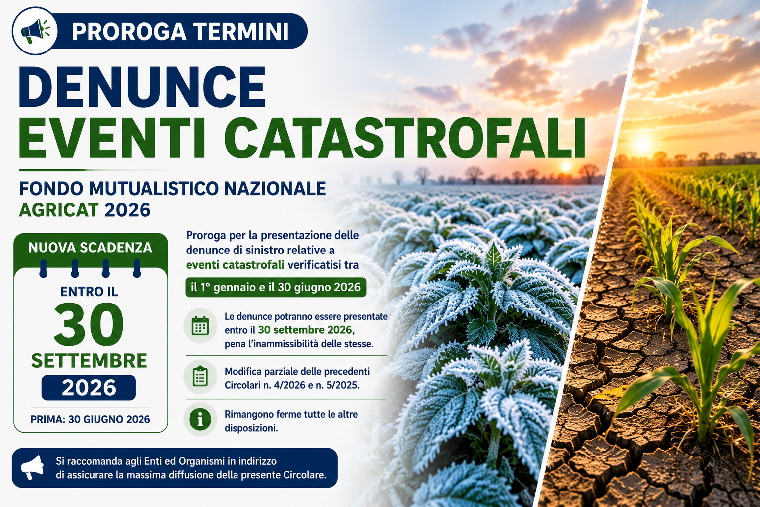 🧊🌾 Fondo Agricat 2026: prorogato al 30 settembre il termine per denunciare i sinistri da eventi catastrofali